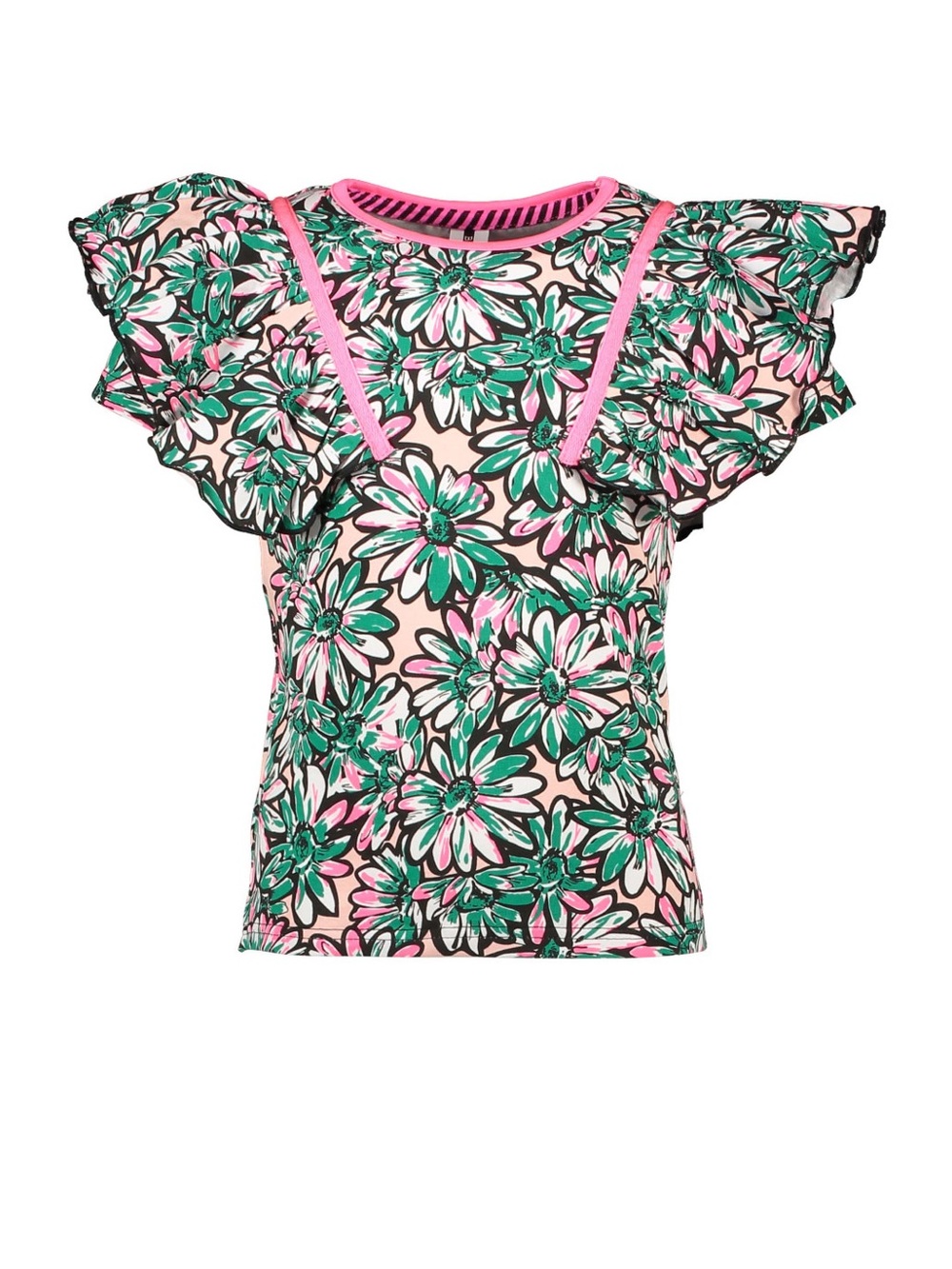 Girls Floral Ruffle Sleeve Tee - Pink & Green